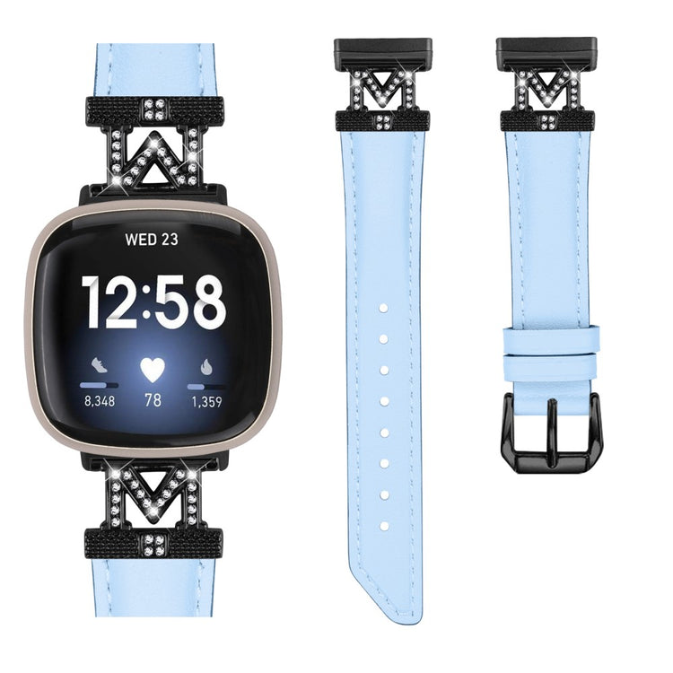 Godt Ægte Læder Og Rhinsten Universal Rem passer til Fitbit Smartwatch - Blå#serie_5