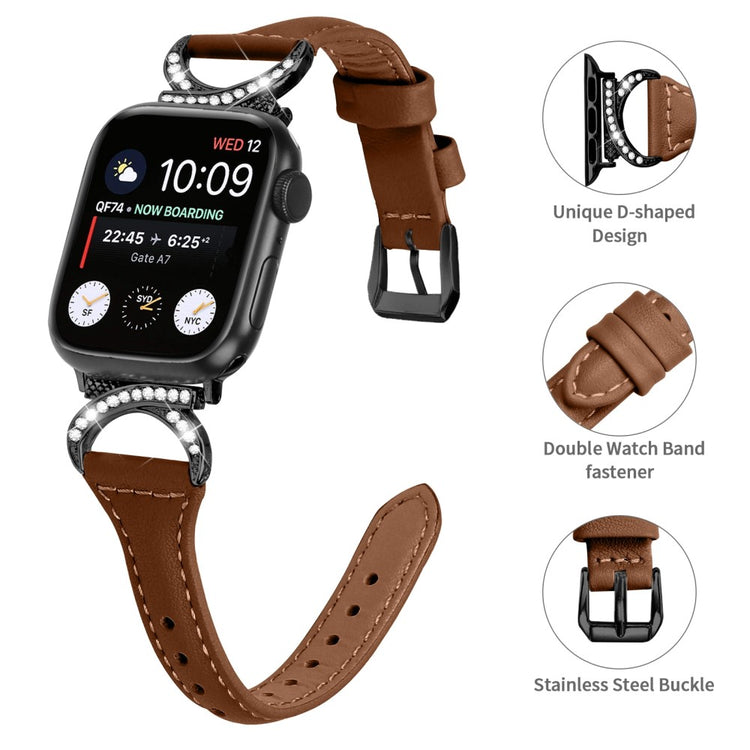 Smuk Ægte Læder Og Rhinsten Universal Rem passer til Apple Smartwatch - Brun#serie_6