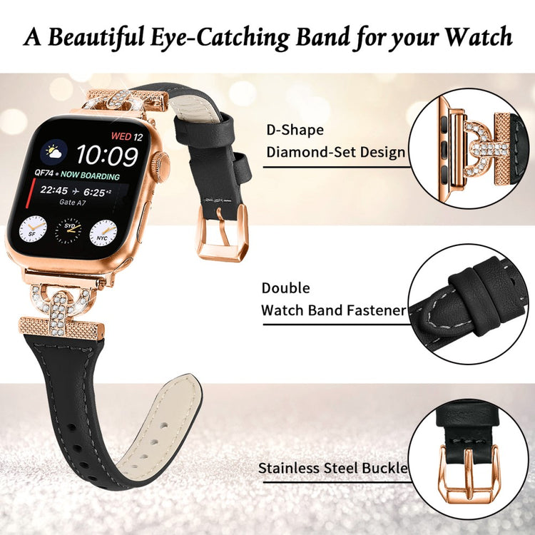 Solid Ægte Læder Og Rhinsten Universal Rem passer til Apple Smartwatch - Sort#serie_2