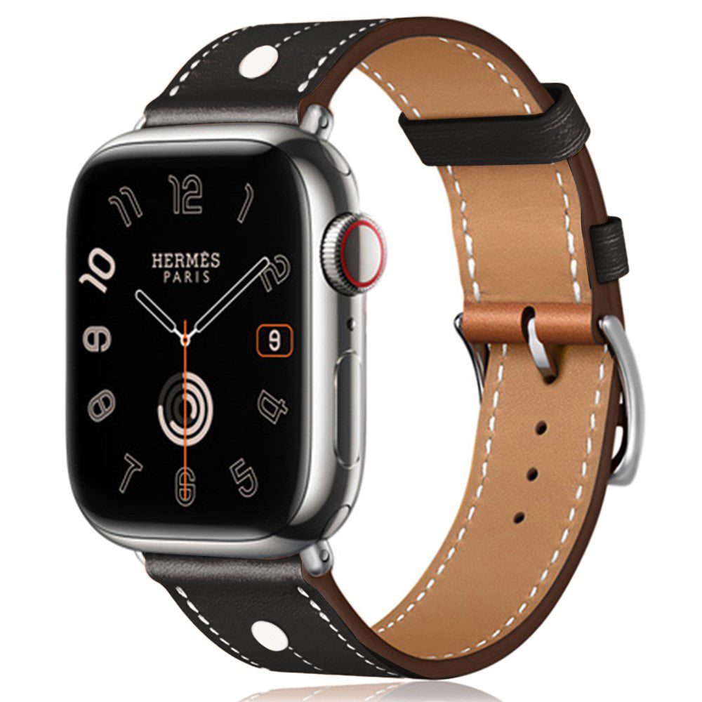Apple Watch 49mm / 45mm / 44mm / 42mm Genuine Cow Leather Band Rivet Decor Strap - Black#serie_4