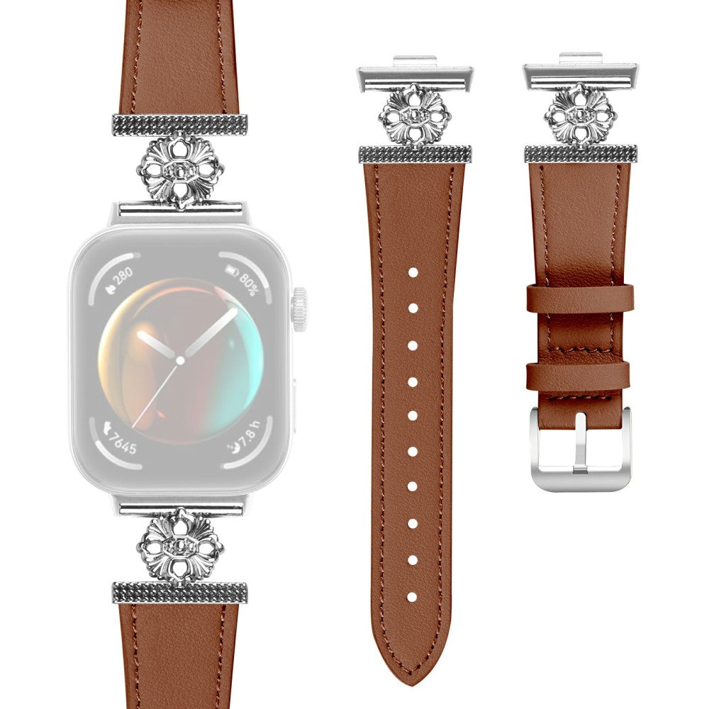 Huawei Watch Fit 3 Watch Band Genuine Cow Leather Flower Decor Adjustable Strap - Brown#serie_4