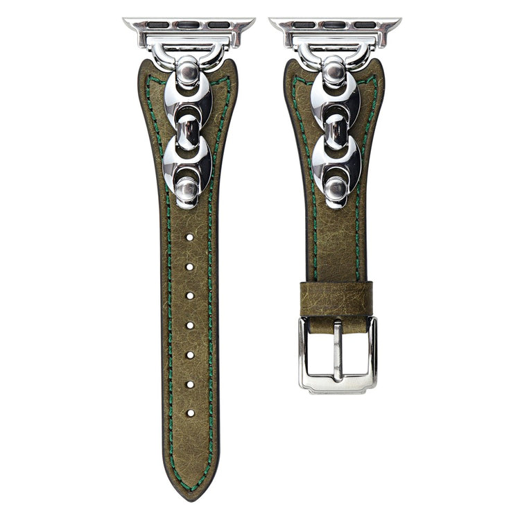 Wrist Strap Apple Watch Series 49mm - 45mm - 44mm - 42mm D Buckle Genuine Cow Leather Band - Green / Silver Buckle#serie_1