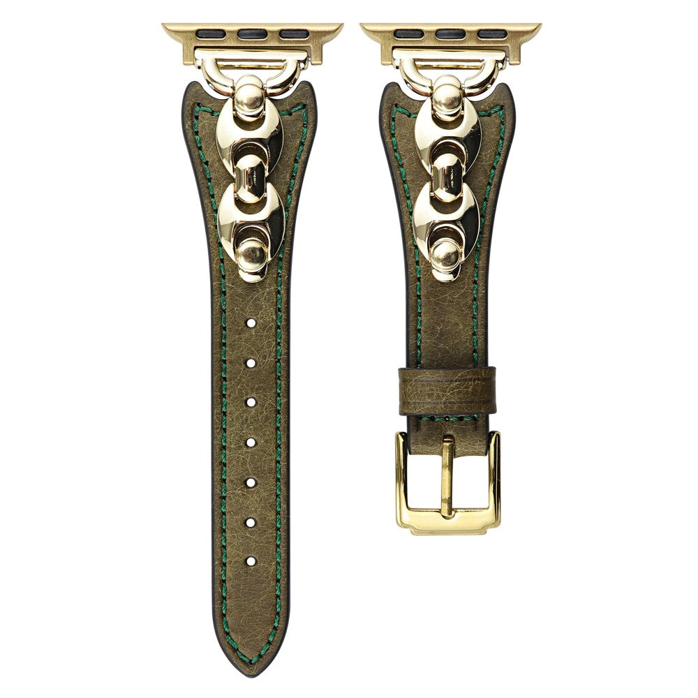 Wrist Strap Apple Watch Series 49mm - 45mm - 44mm - 42mm D Buckle Genuine Cow Leather Band - Green / Gold Buckle#serie_2