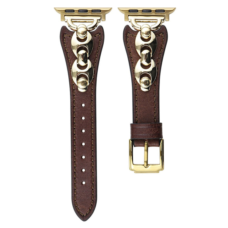 Wrist Strap Apple Watch Series 49mm - 45mm - 44mm - 42mm D Buckle Genuine Cow Leather Band - Dark Brown / Gold Buckle#serie_3