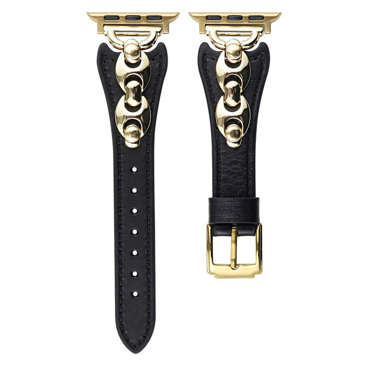 Wrist Strap Apple Watch Series 49mm - 45mm - 44mm - 42mm D Buckle Genuine Cow Leather Band - Black / Gold Buckle#serie_5