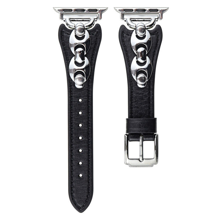 Wrist Strap Apple Watch Series 49mm - 45mm - 44mm - 42mm D Buckle Genuine Cow Leather Band - Black / Silver Buckle#serie_6