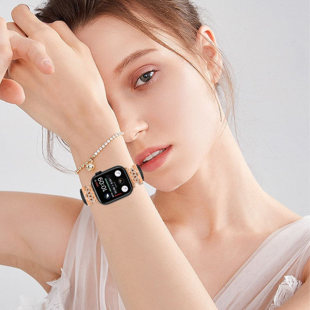 Rhinestone Band Apple Watch Universal 49mm/45mm/42mm Dressy Watch Strap with Rose Gold Buckle - Black#serie_1