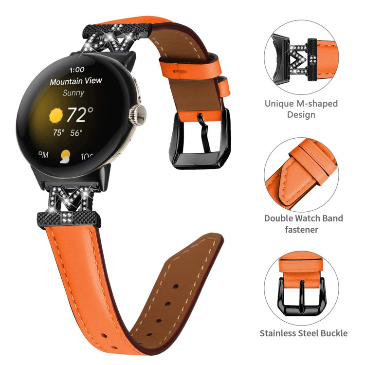 Ægte Læder Og Rhinsten Universal Rem passer til Google Pixel Watch 2 / Google Pixel Watch - Orange#serie_2