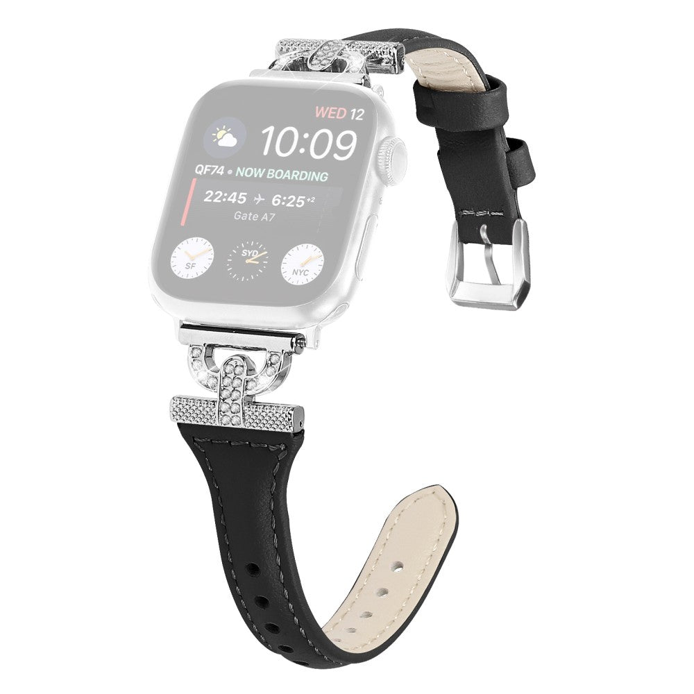 Pænt Ægte Læder Og Rhinsten Universal Rem passer til Apple Smartwatch - Sort#serie_2