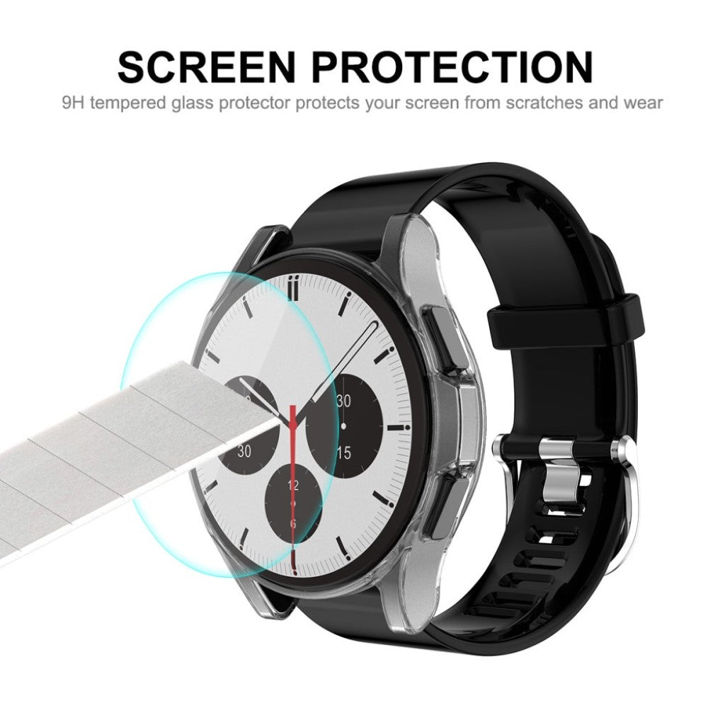 Alle Tiders Samsung Galaxy Watch 4 Classic (42mm) Cover med Skærmbeskytter i Silikone og Hærdet Glas - Gennemsigtig#serie_549