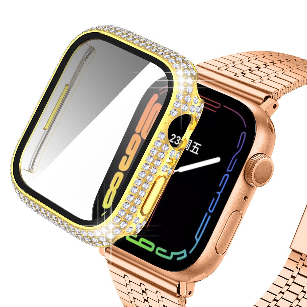 Beskyttende Apple Watch Series 7 41mm Cover med Skærmbeskytter i Plastik og Rhinsten - Guld#serie_1