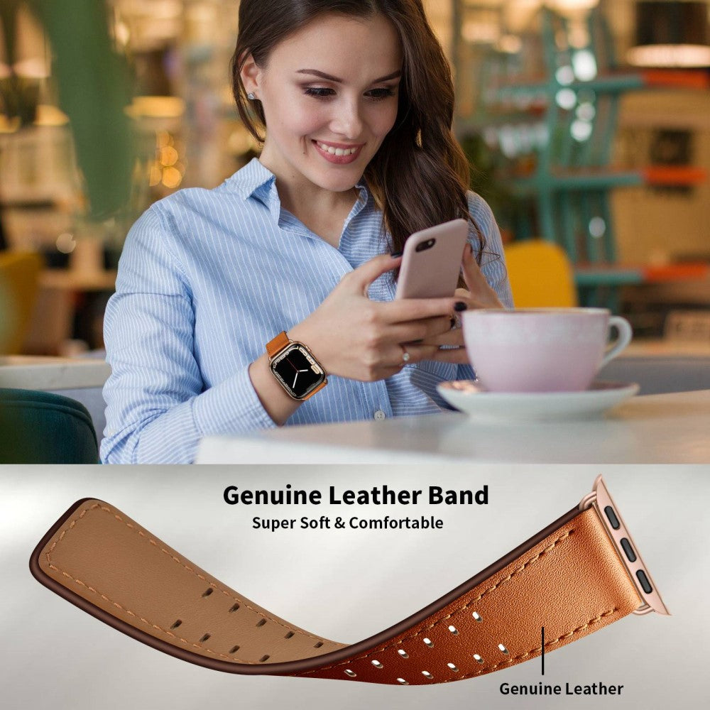 Slidstærk Apple Watch Series 7 45mm Ægte læder Urrem - Brun#serie_8