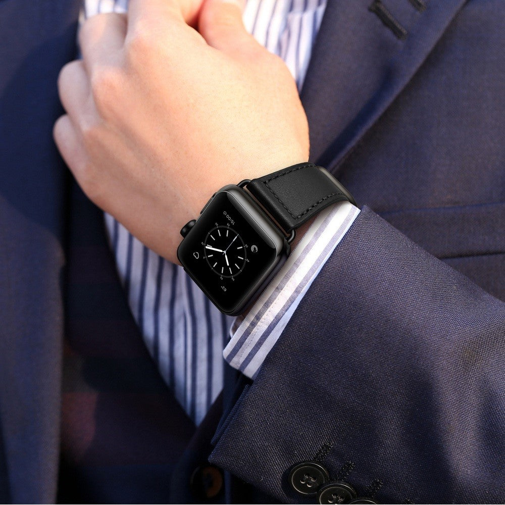 Helt vildt fed Apple Watch Series 7 45mm Ægte læder Urrem - Sort#serie_1