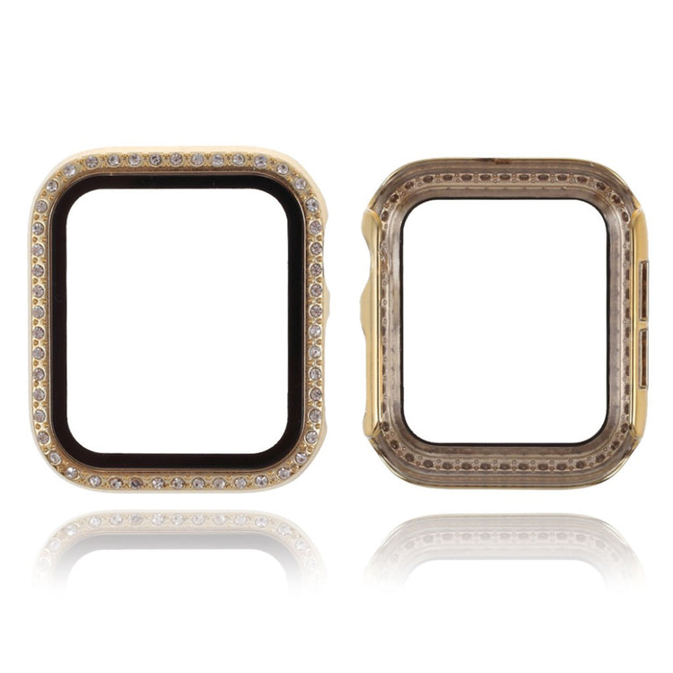 Meget Flot Apple Watch Series 1-3 42mm Cover med Skærmbeskytter i Rhinsten, Silikone og Hærdet Glas - Guld#serie_8