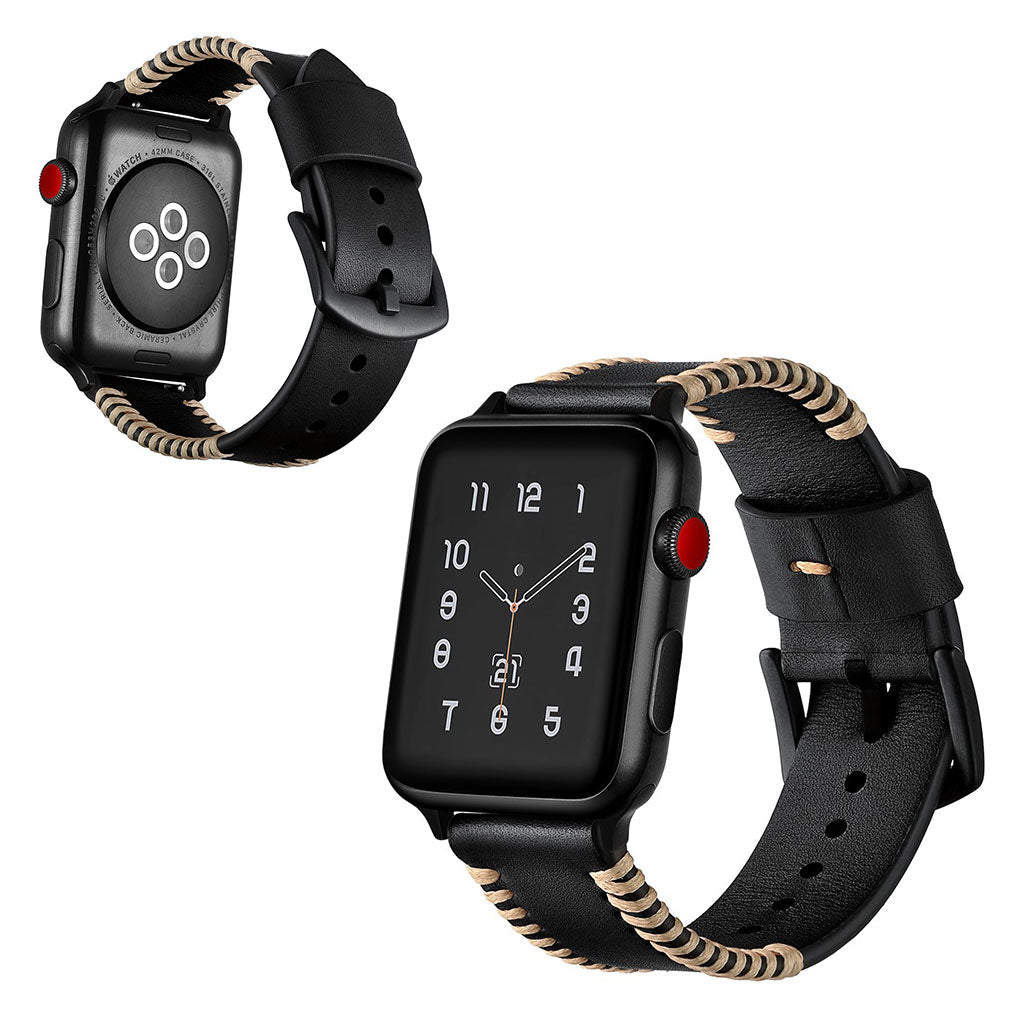  Apple Watch Series 5 44mm / Apple Watch 44mm Ægte læder Rem - Sort#serie_1