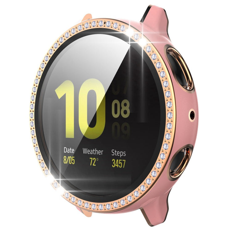 Fint Samsung Galaxy Watch Active 2 - 44mm Cover med Skærmbeskytter i Plastik, Rhinsten og Hærdet Glas - Pink#serie_2